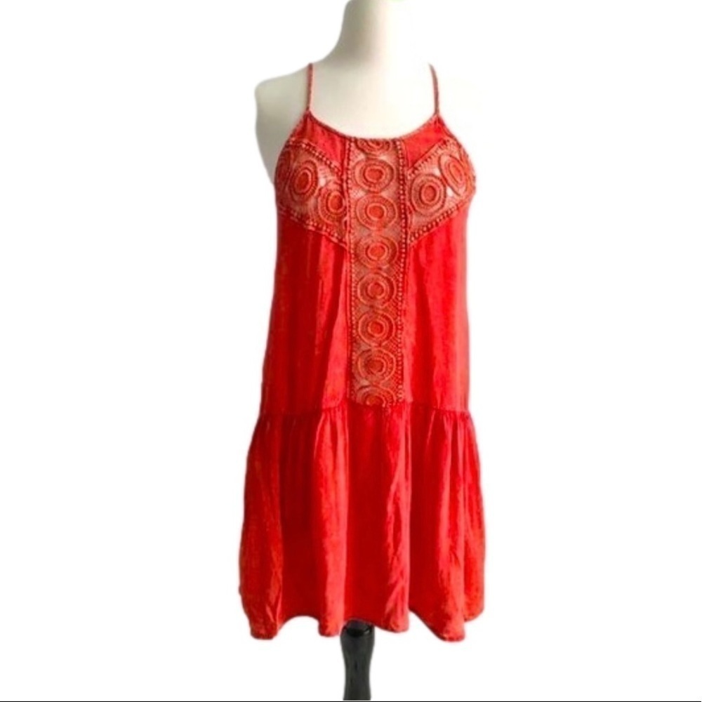 Vintage Finn & Clover Red Orange Acid Wash Crochet Dress